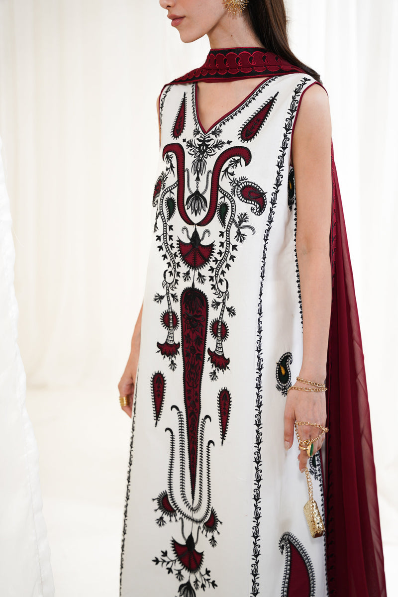 White-Maroon Luxury Embroidered 3Pcs Set Npa3-25426 (Eid 2025 Ready To Wear) - Express Shipping