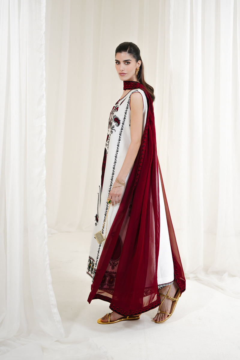 White-Maroon Luxury Embroidered 3Pcs Set Npa3-25426 (Eid 2025 Ready To Wear) - Express Shipping