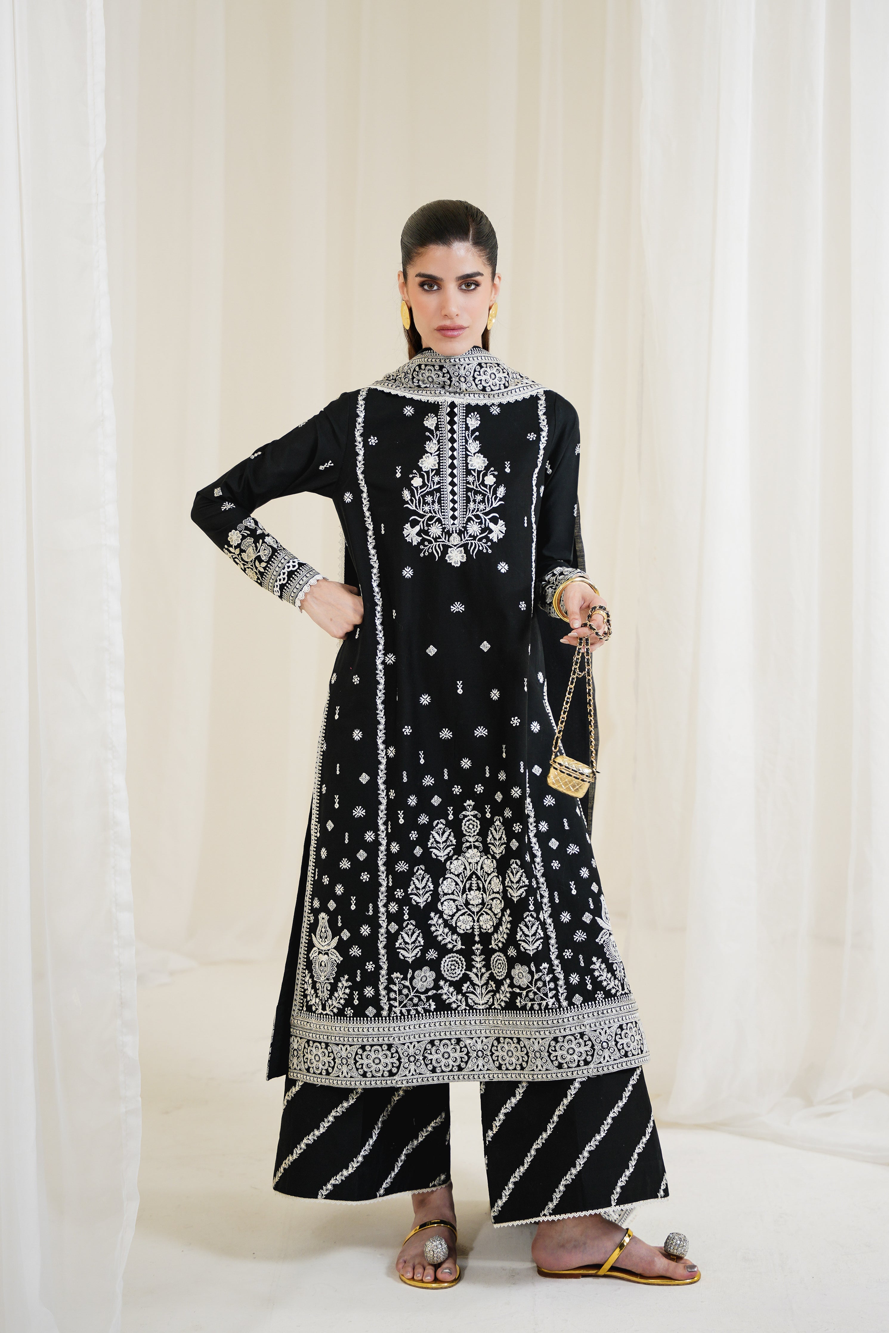 BLACK LUXURY EMBROIDERED 3PCS SET NPA3-25428 (EID 2025 READY TO WEAR) - EXPRESS SHIPPING