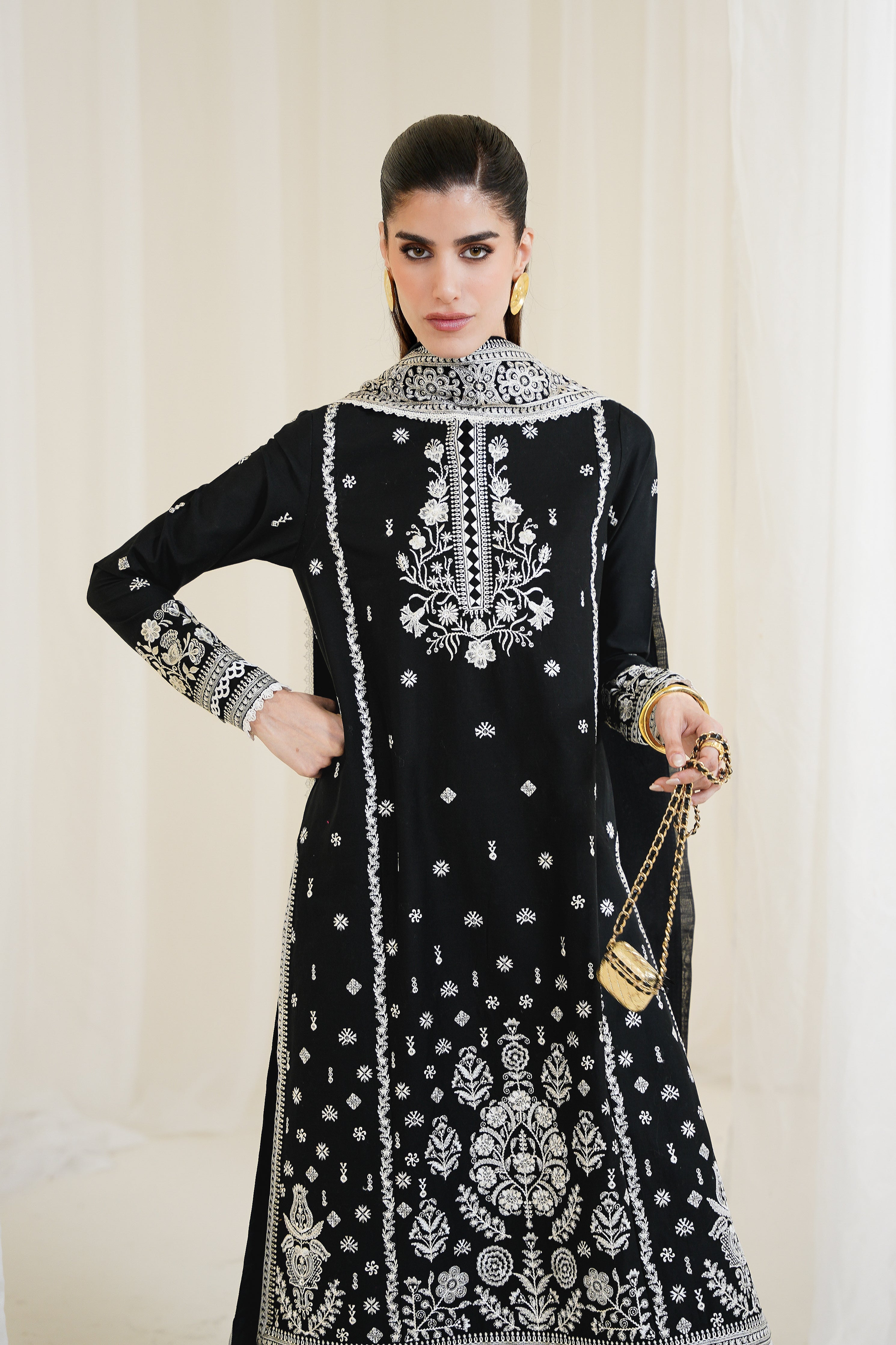 BLACK LUXURY EMBROIDERED 3PCS SET NPA3-25428 (EID 2025 READY TO WEAR) - EXPRESS SHIPPING