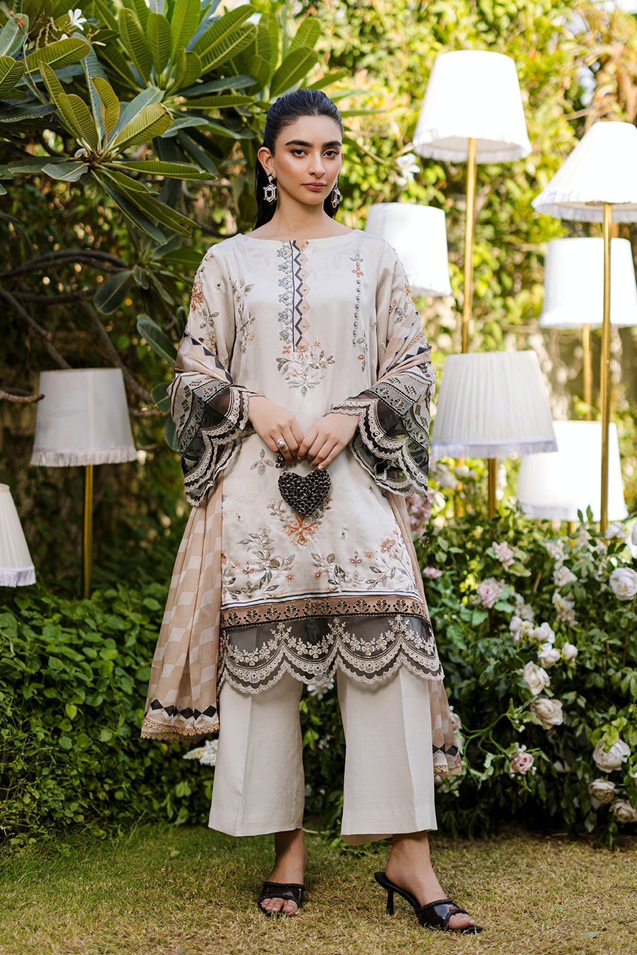 Silk Tunic - 2PCS HAND EMBELLISHED  SHIRT WITH TROUSER-FW25DA-2874 BEIGE