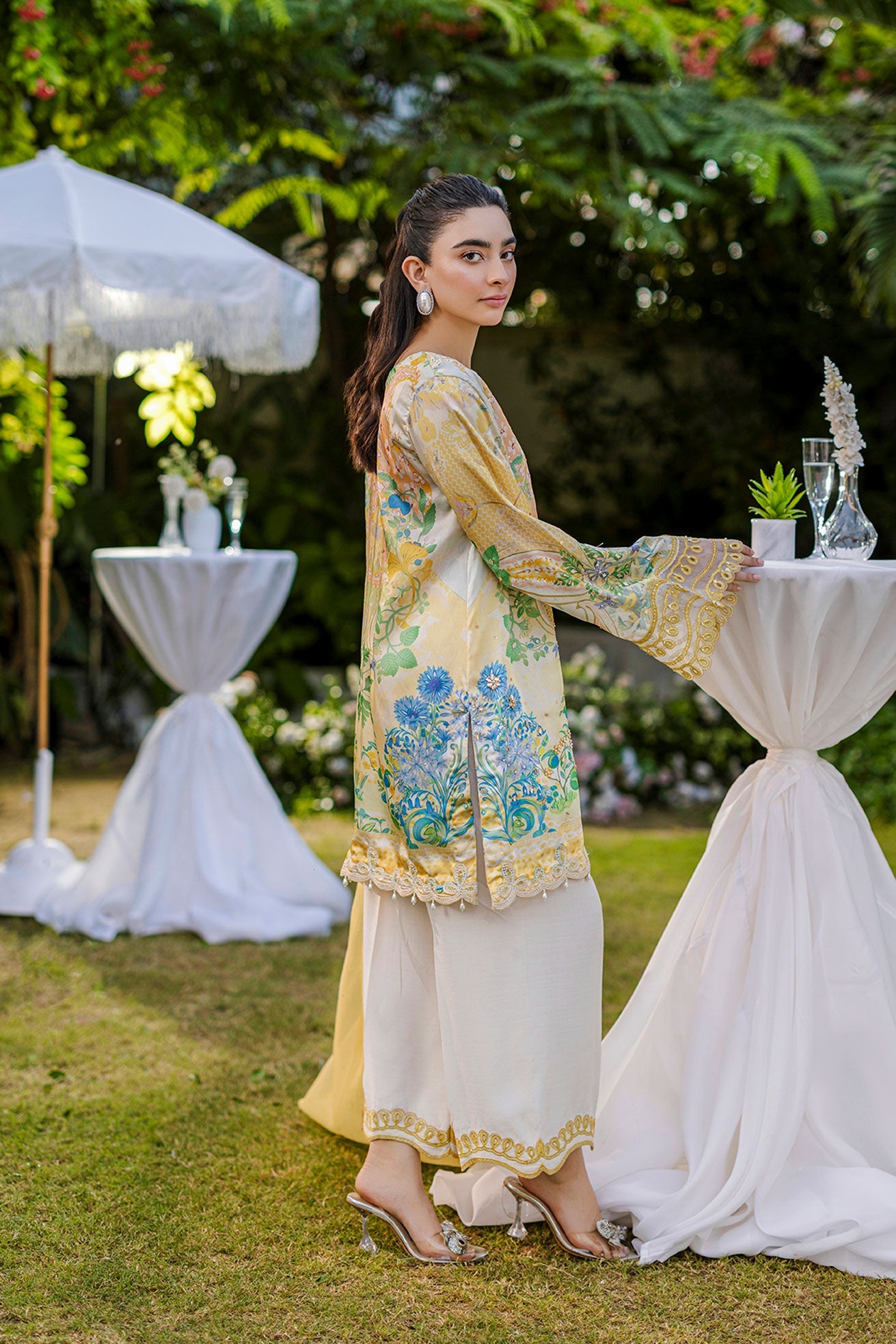 Silk Tunic - 2PCS HAND EMBELLISHED  SHIRT WITH TROUSER-FW25DA-2867 YELLOW