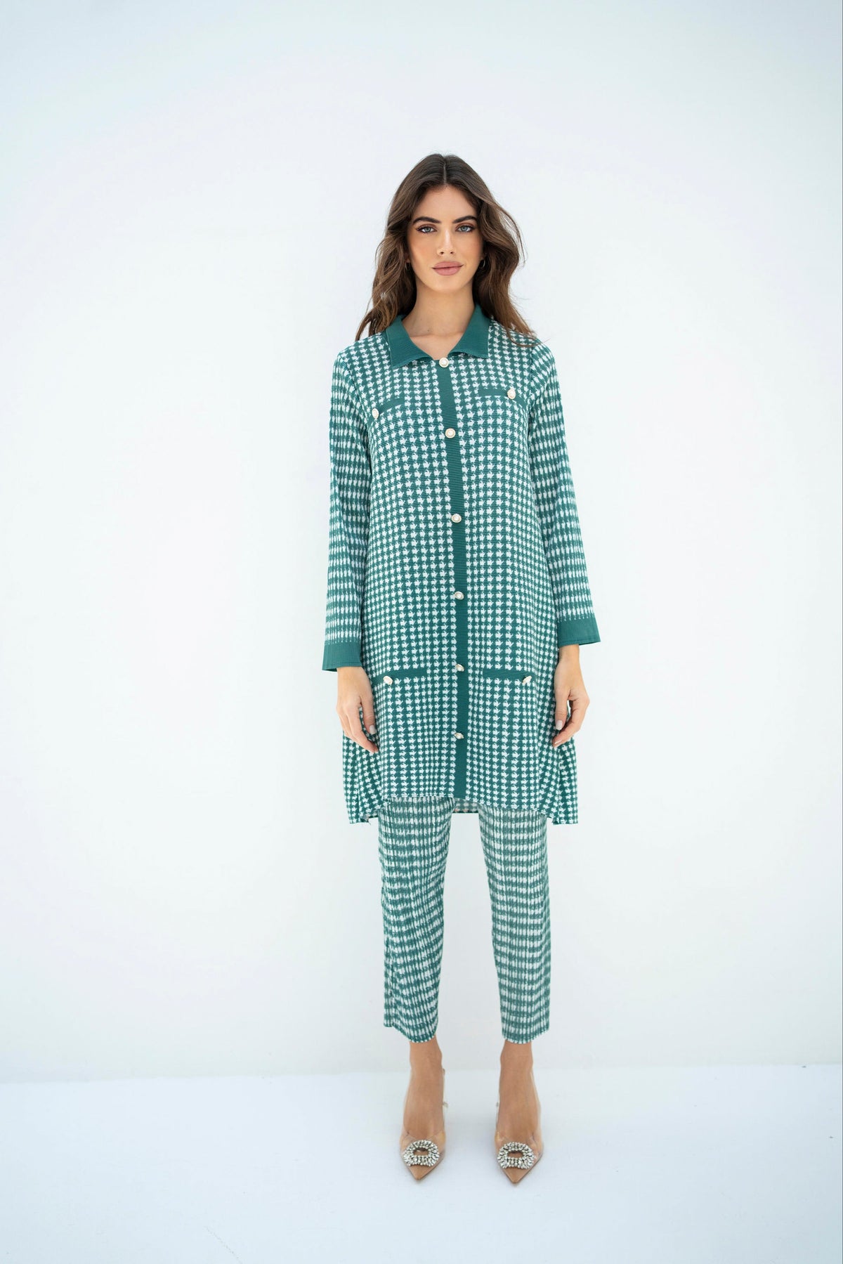 Pleated Oia Sea Green Set With Capri Pants