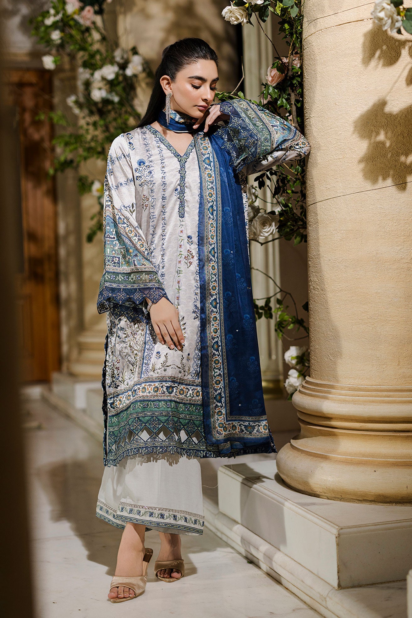 Silk Tunic - 2PCS HAND EMBELLISHED  SHIRT WITH TROUSER-FW25DA-2872 GREY