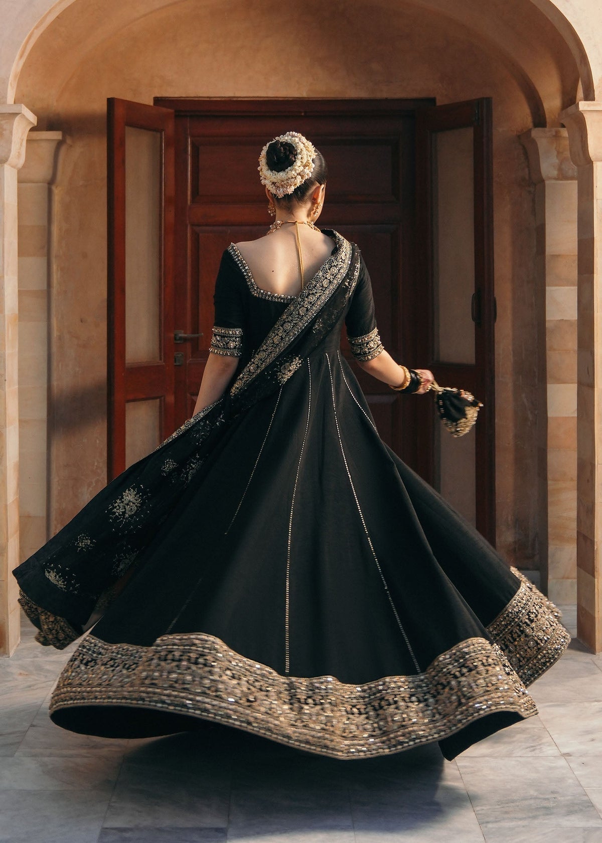 Kajal Style — Mairaz Black Korean Silk Pishwas