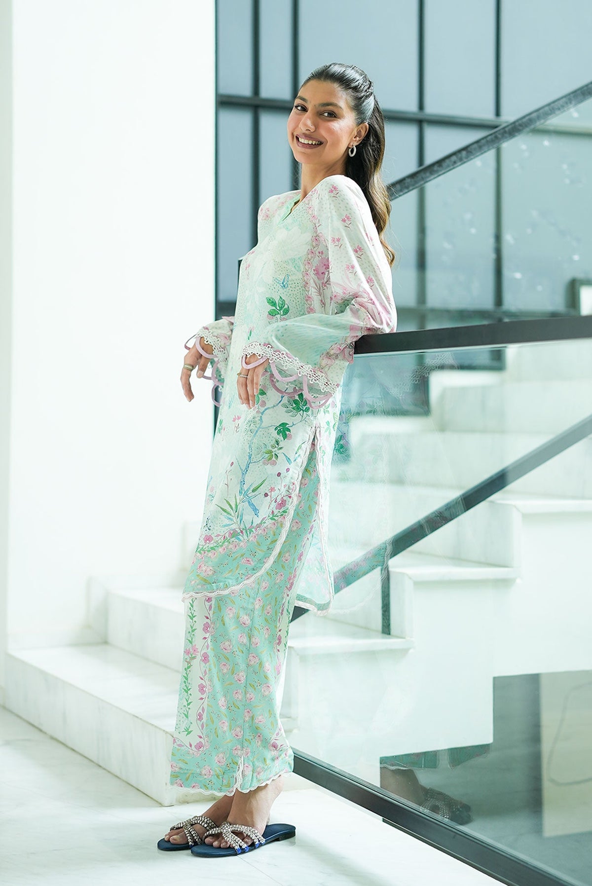 SS26DP-2957 L-GREEN 2PCS  EMBROIDERED KURTA WITH TROUSER