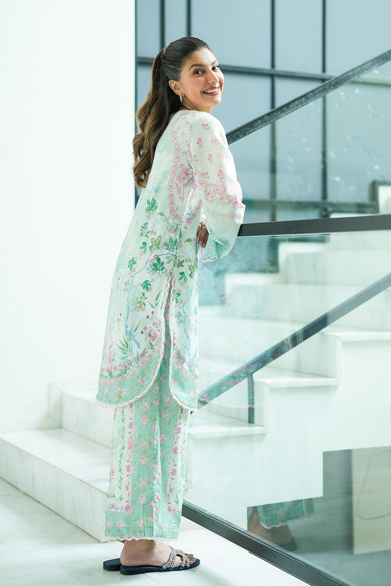 SS26DP-2957 L-GREEN 2PCS  EMBROIDERED KURTA WITH TROUSER