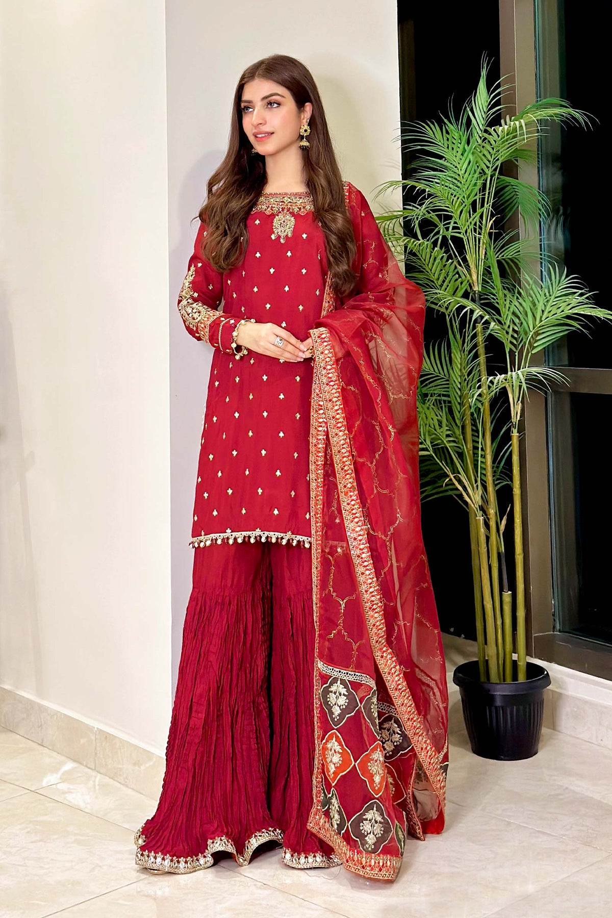 3 Piece Embroidered Raw Silk Suit - SFA18R1-ESM-MRN