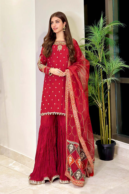 3 Piece Embroidered Raw Silk Suit