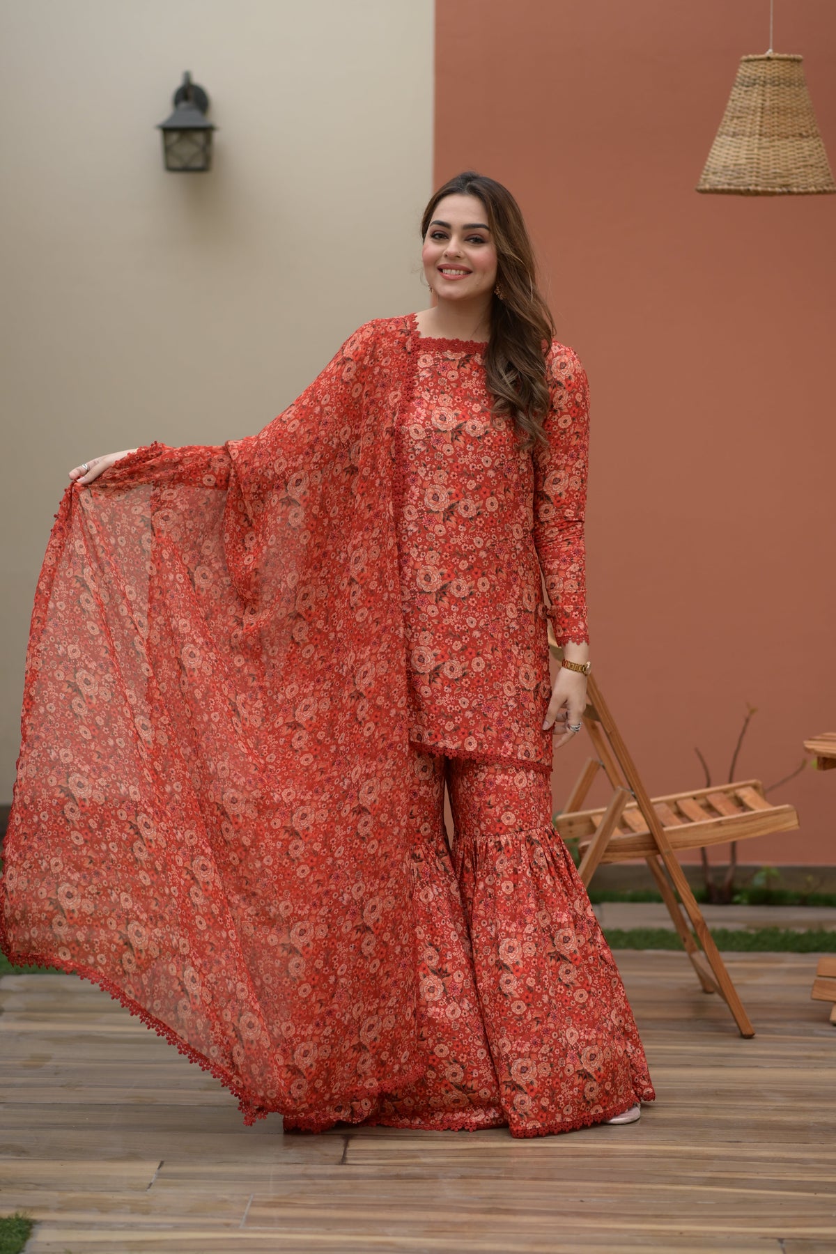 Aneelas Printed Lawn Shirt Gharara With Chiffon Printed Duppata 3pc [SPR-26-23-B] [Dispatch Time 2 Months]