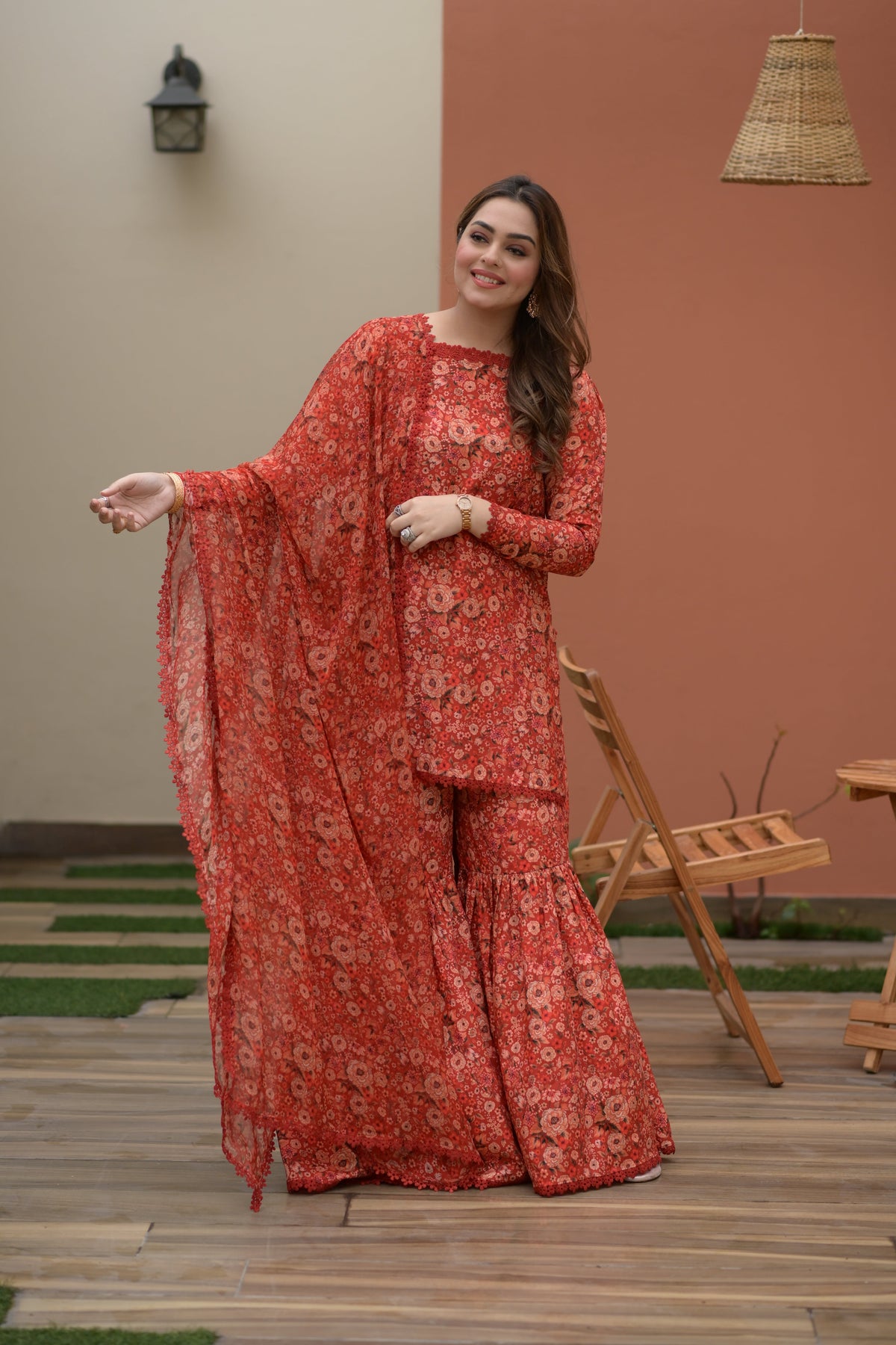 Aneelas Printed Lawn Shirt Gharara With Chiffon Printed Duppata 3pc [SPR-26-23-B] [Dispatch Time 2 Months]