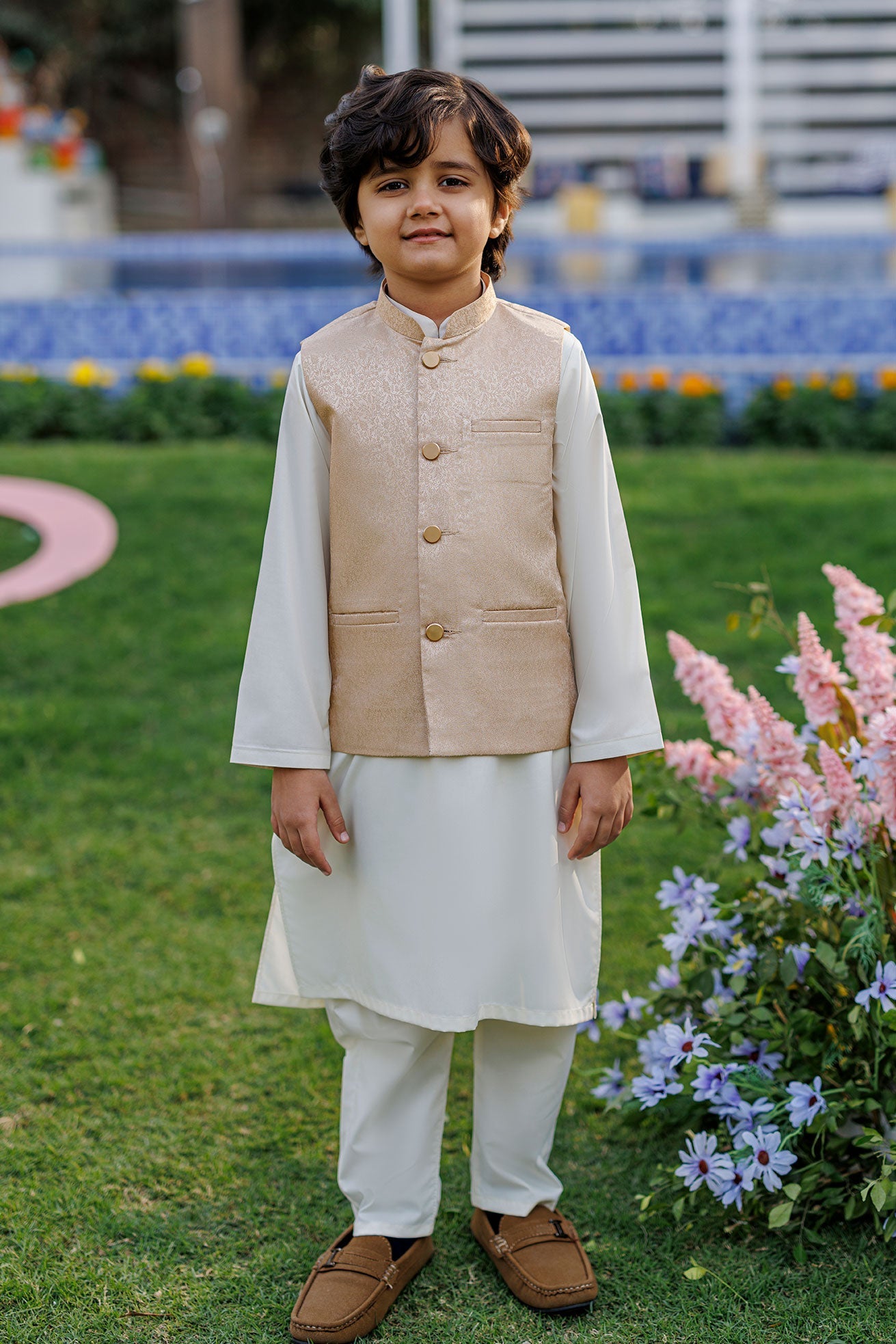 SS26DK-0222 - BEIGE  -  KURTA ,PAJAMA & WAIST COAT - 3PCS