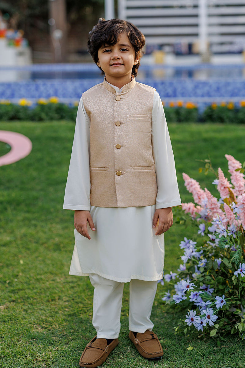 Ss26Dk-0222 - Beige - Kurta ,Pajama & Waist Coat - 3Pcs
