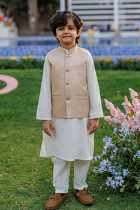 SS26DK-0222 - BEIGE  -  KURTA ,PAJAMA & WAIST COAT - 3PCS