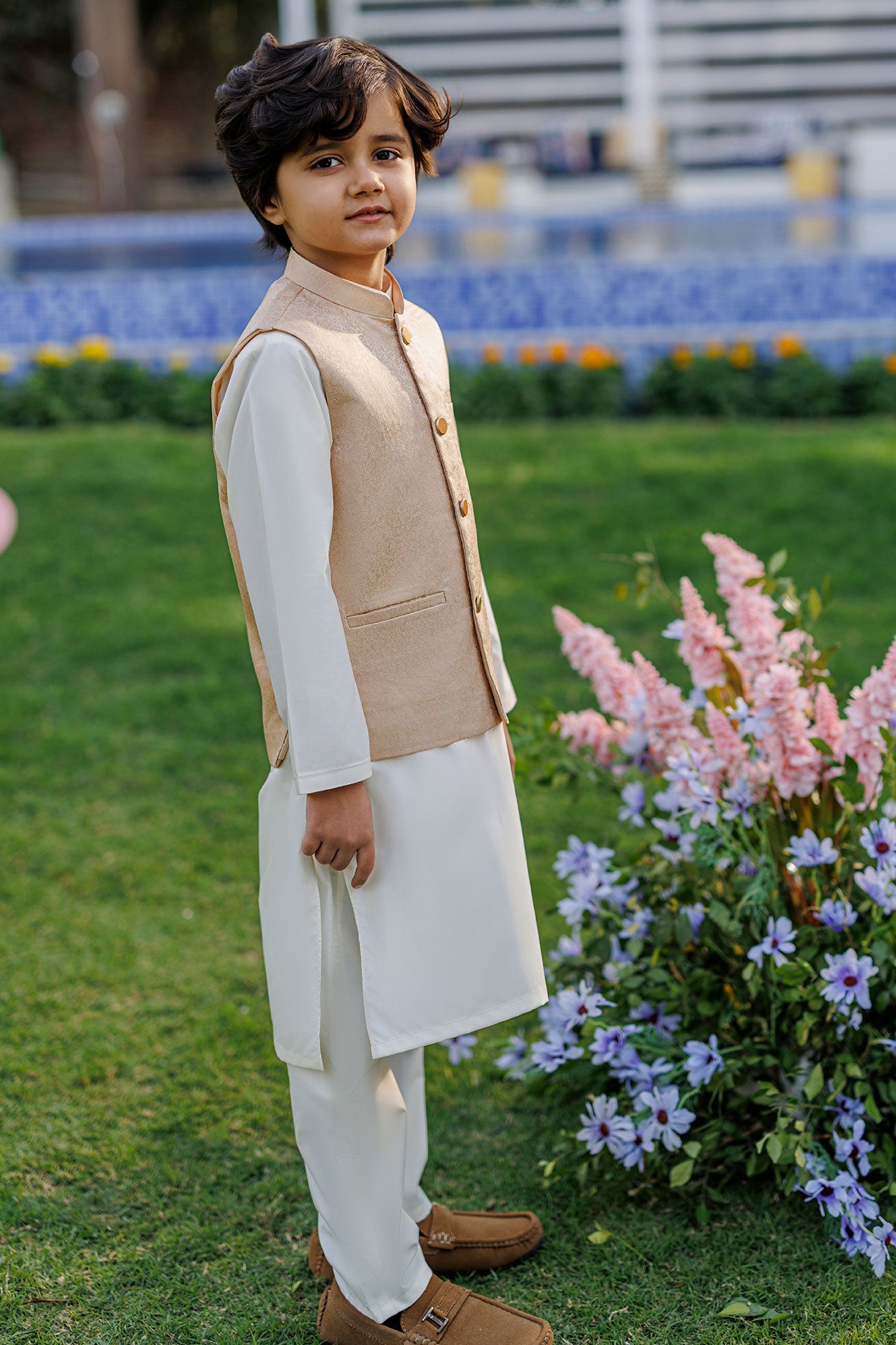 SS26DK-0222 - BEIGE  -  KURTA ,PAJAMA & WAIST COAT - 3PCS