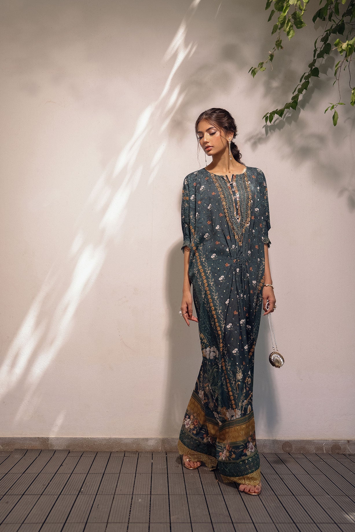 Ss24Da-2520 Dark Green Hand Embellished Kaftan