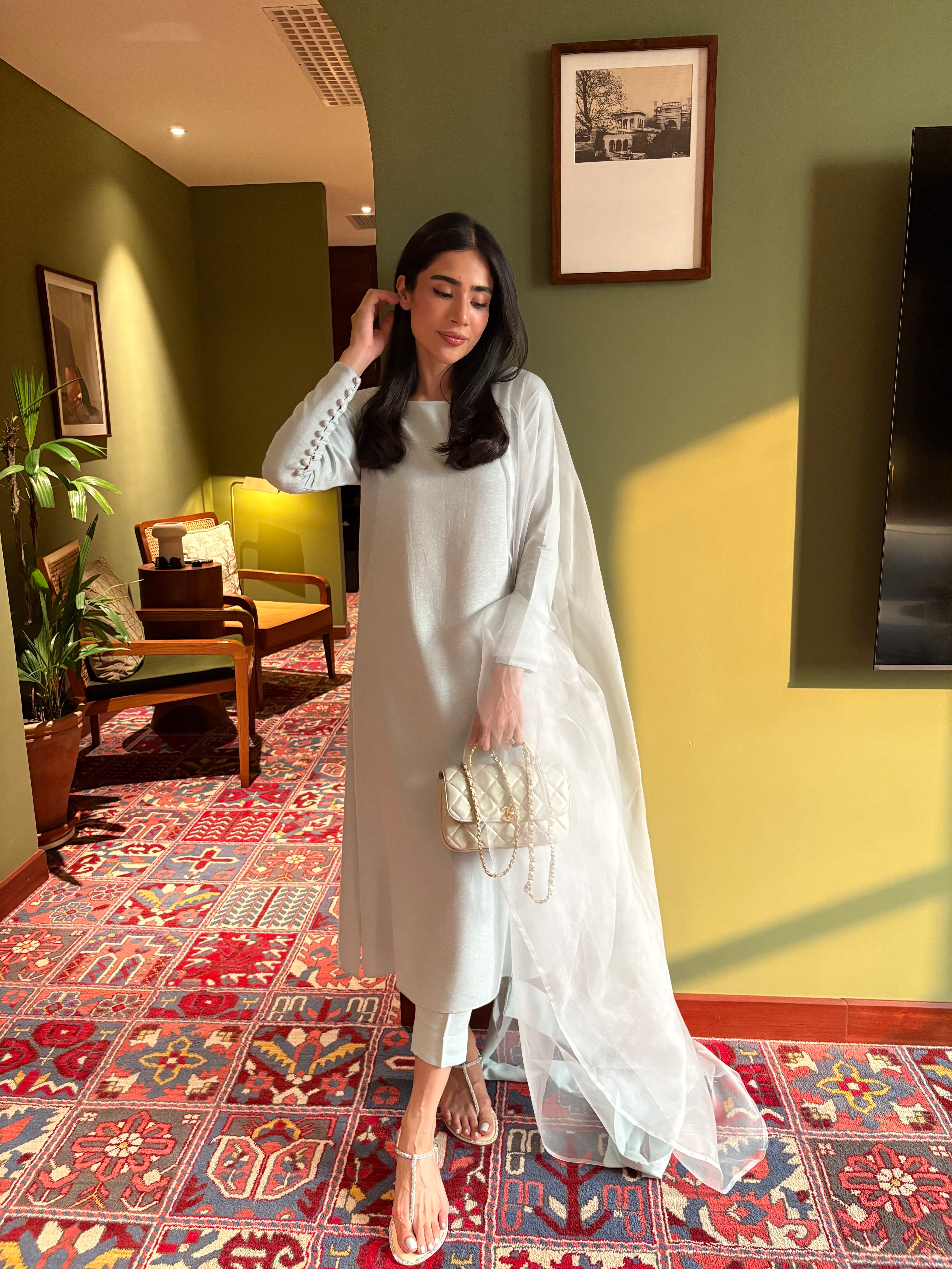 Muted Grey-Blue Buttoned Set