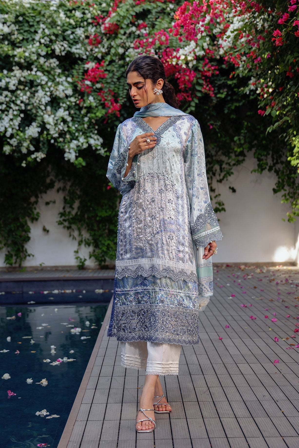 Ss24Da-2518 Sky Blue 2Pcs Hand Embellished Shirt With Trouser