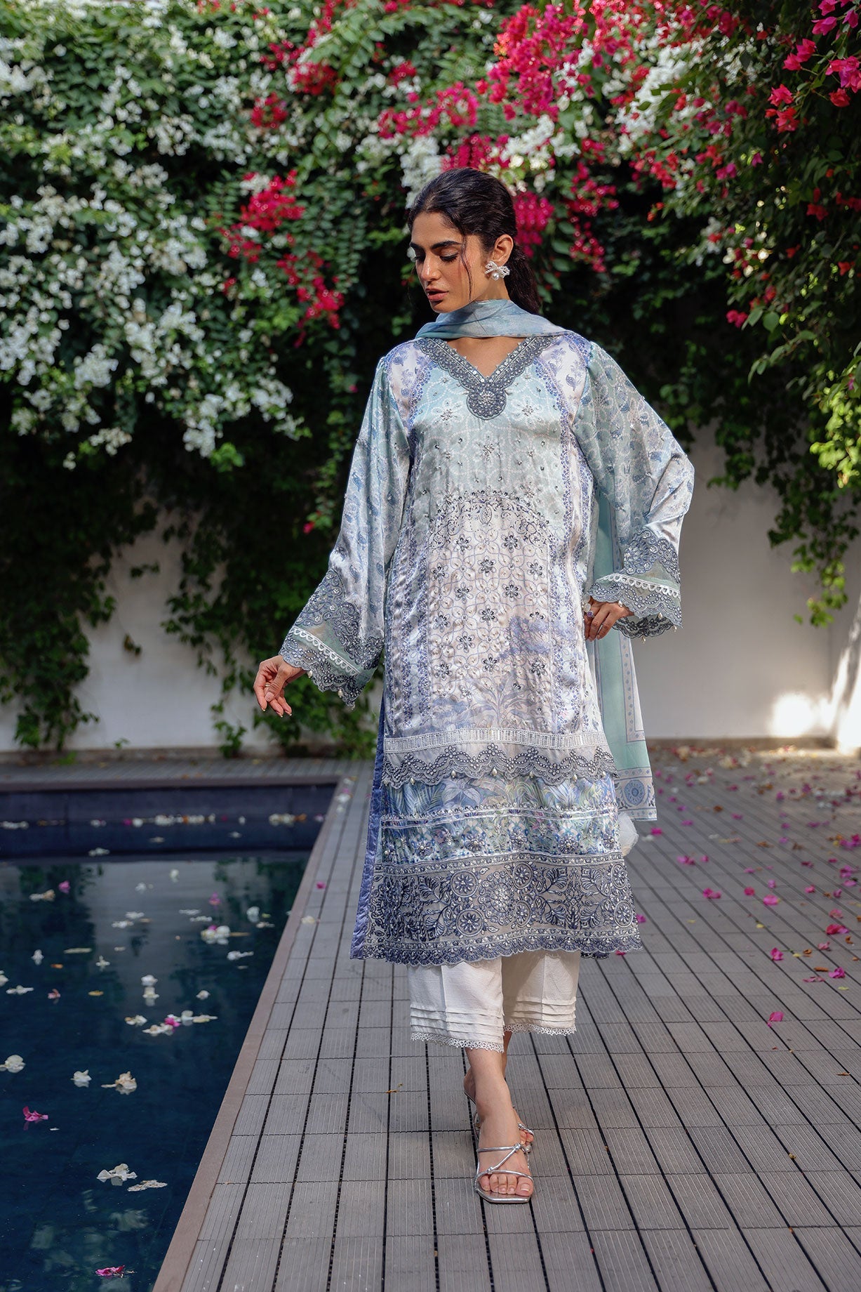 Ss24Da-2518 Sky Blue 2Pcs Hand Embellished Shirt With Trouser