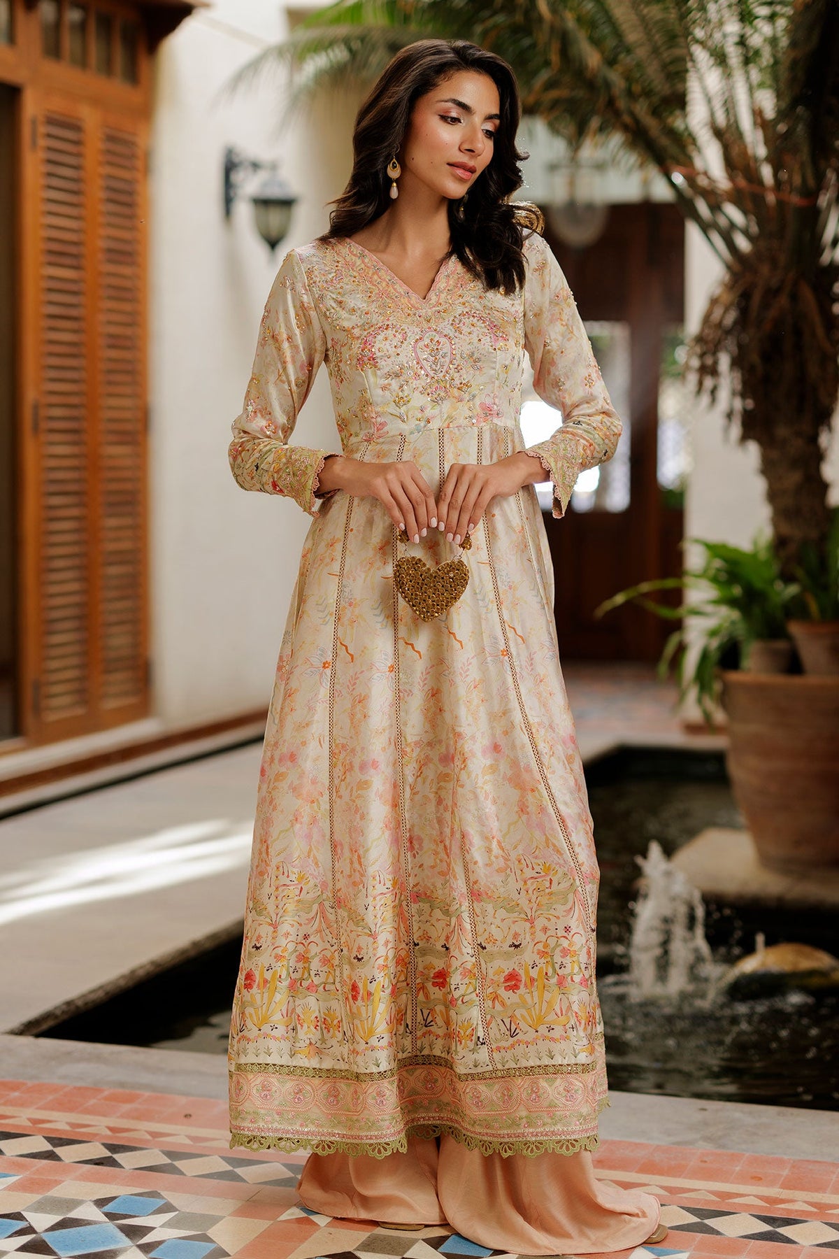 SS26DA-2932 PEACH -SILK TUNIC- 2PCS HAND EMBELLISHED  PISHWAS  WITH TROUSER