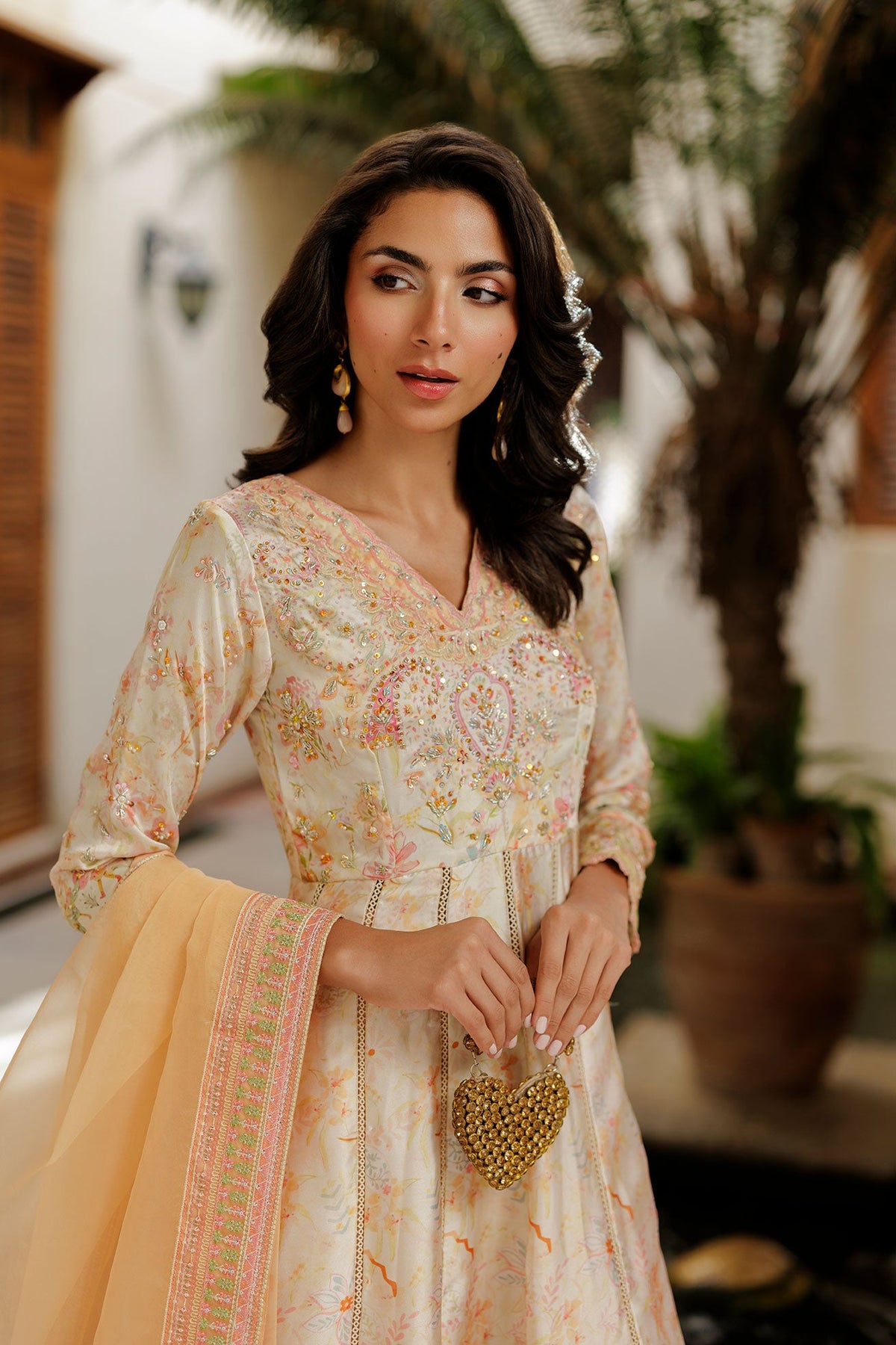 SS26DA-2932 PEACH -SILK TUNIC- 2PCS HAND EMBELLISHED  PISHWAS  WITH TROUSER