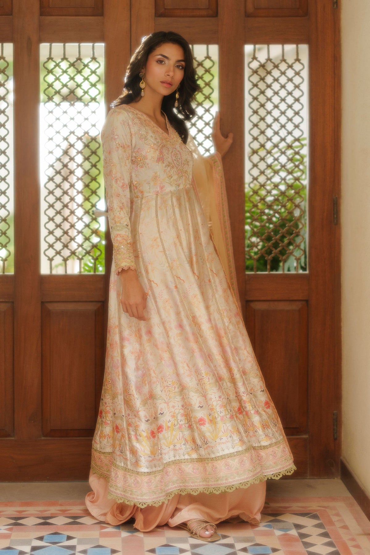 SS26DA-2932 PEACH -SILK TUNIC- 2PCS HAND EMBELLISHED  PISHWAS  WITH TROUSER