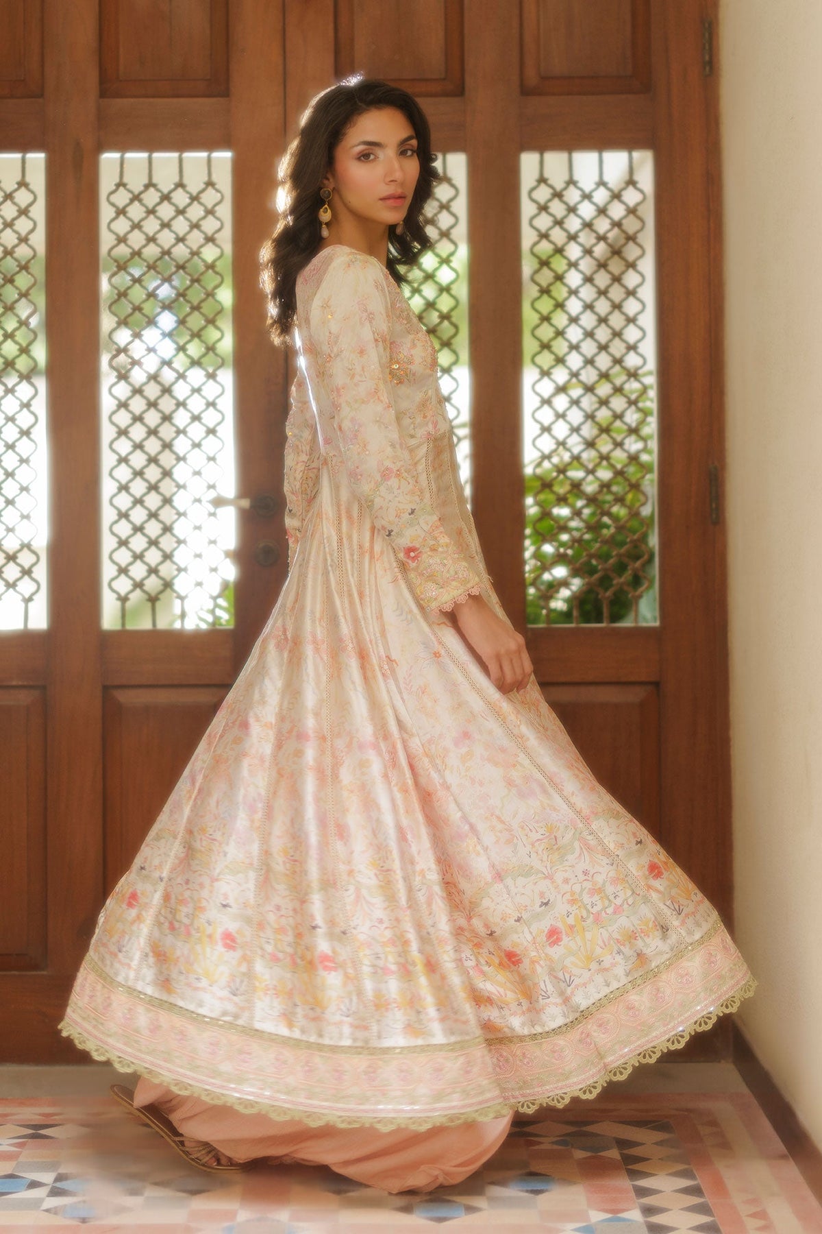 SS26DA-2932 PEACH -SILK TUNIC- 2PCS HAND EMBELLISHED  PISHWAS  WITH TROUSER