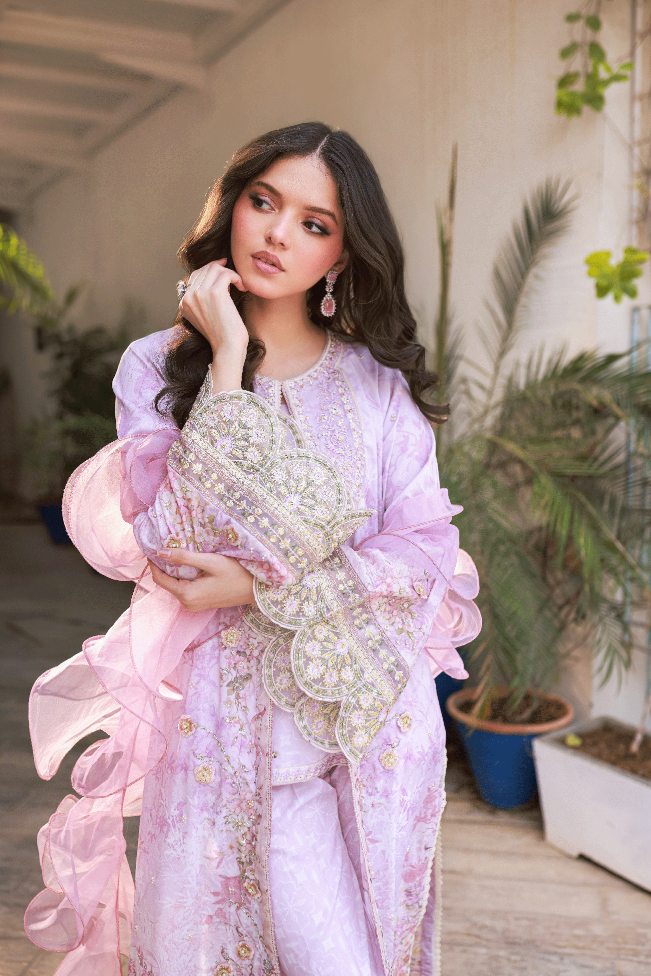 Silk Tunic - 2PCS HAND EMBELLISHED  SHIRT WITH TROUSER-SS24DA-2664 LIGHT PURPLE