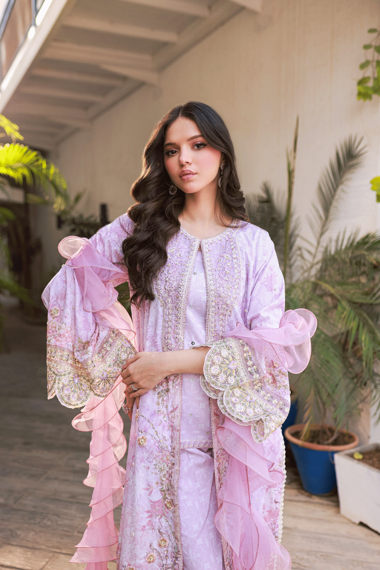 Silk Tunic - 2PCS HAND EMBELLISHED  SHIRT WITH TROUSER-SS24DA-2664 LIGHT PURPLE