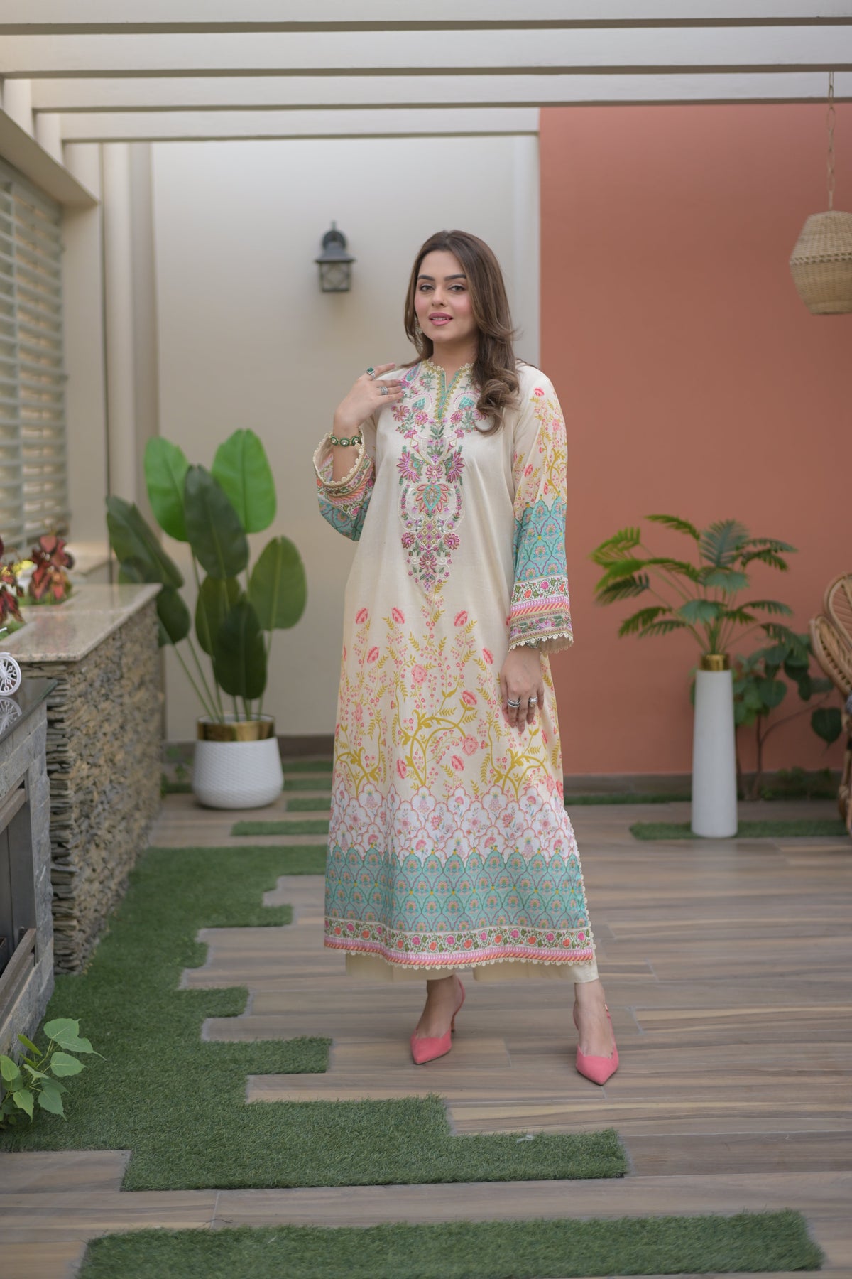 Aneelas Lawn Print Emb Kaftan 2pc [SPR-26-49] [Dispatch Time 2.5 Months]