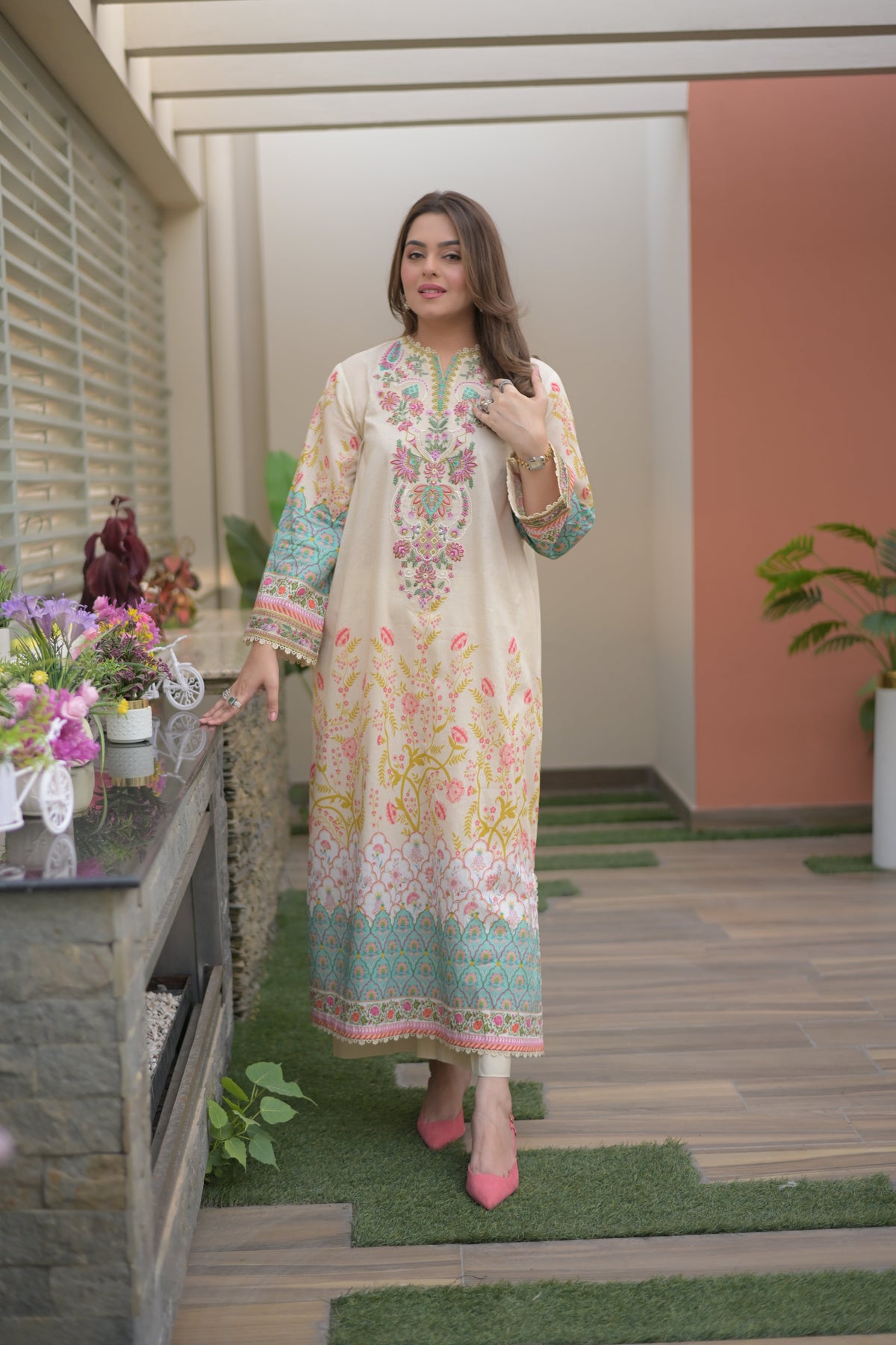 Aneelas Lawn Print Emb Kaftan 2pc [SPR-26-49] [Dispatch Time 2.5 Months]