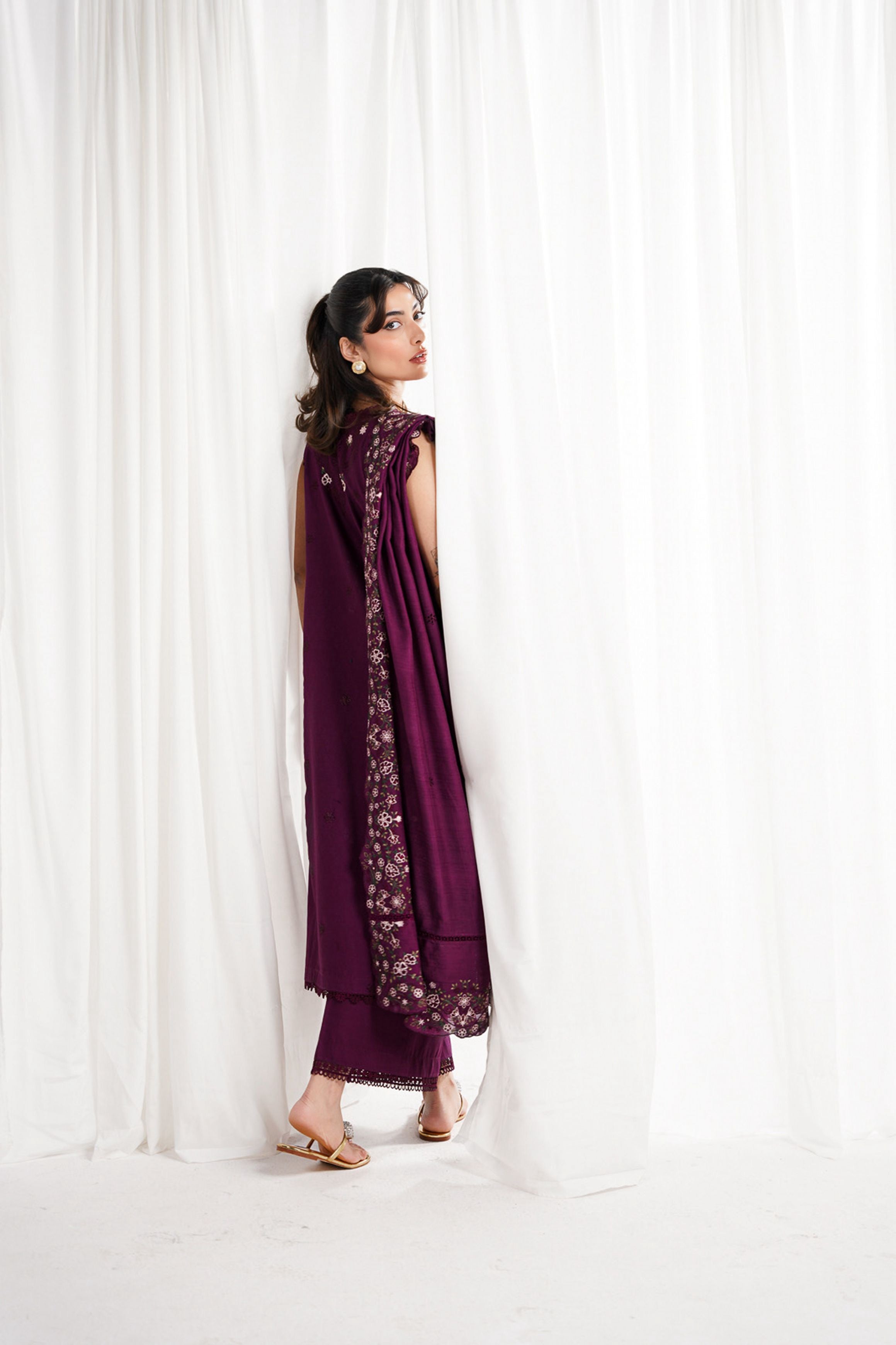 DEEP PLUM LUXURY EMBROIDERED 3PCS SET NPA3-25409 (EID 2025 READY TO WEAR) - EXPRESS SHIPPING