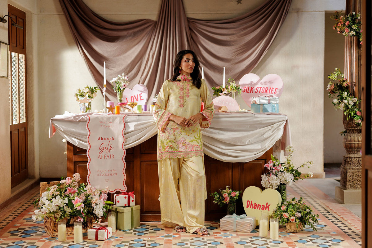 SS26DA-2936 YELLOW -SILK TUNIC- 2PCS HAND EMBELLISHED  SHIRT WITH TROUSER