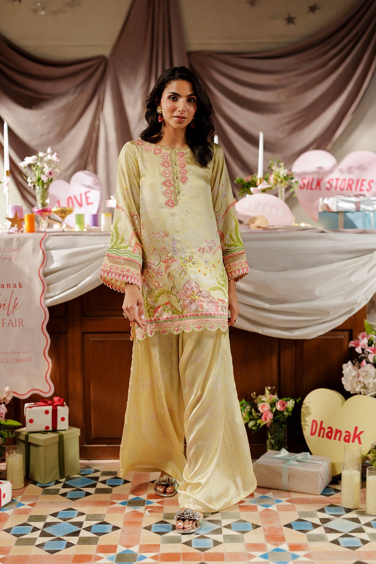 SS26DA-2936 YELLOW -SILK TUNIC- 2PCS HAND EMBELLISHED  SHIRT WITH TROUSER