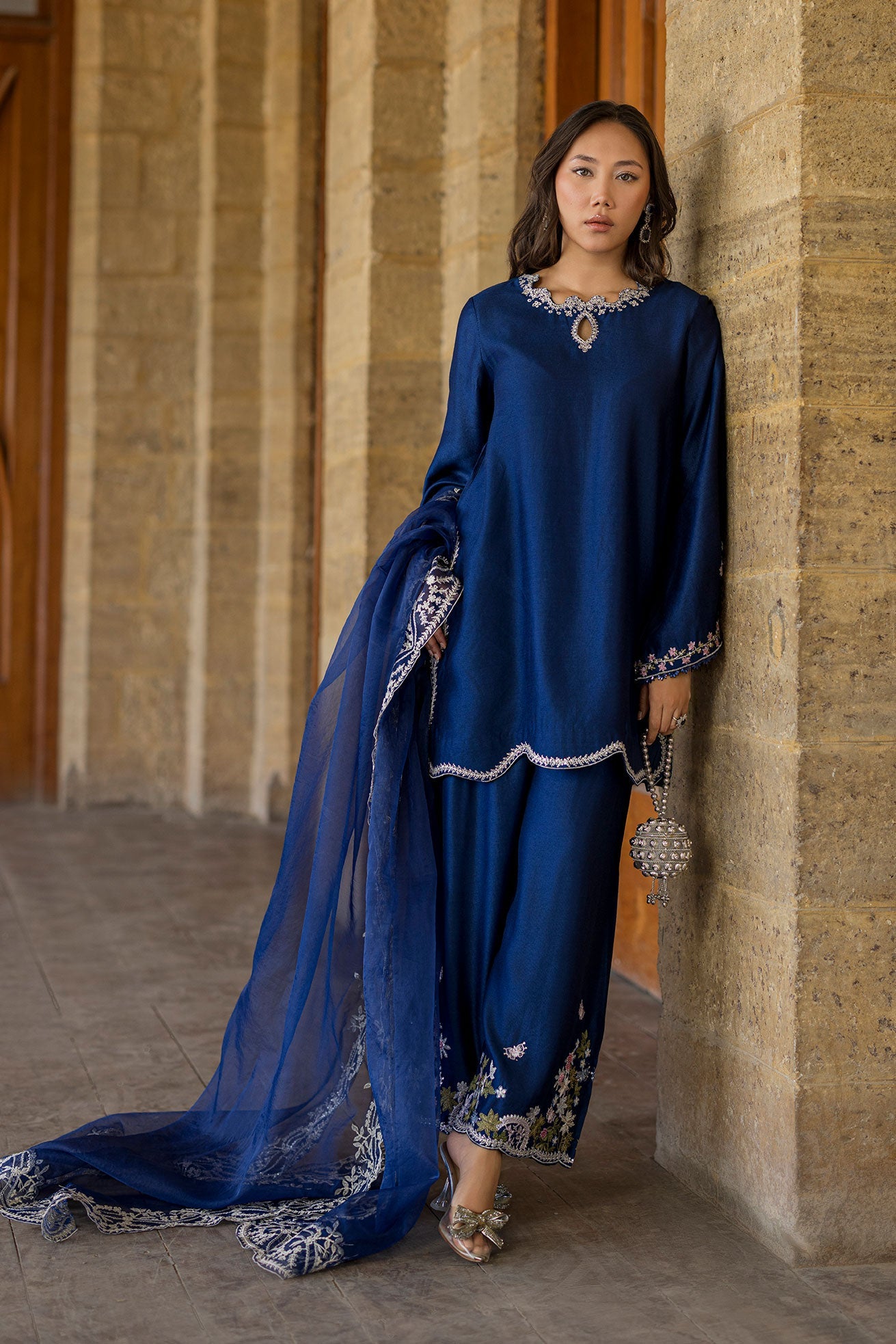 DUPATTA: SS26DD-2923  BLUE EMBROIDED DUPATTA
