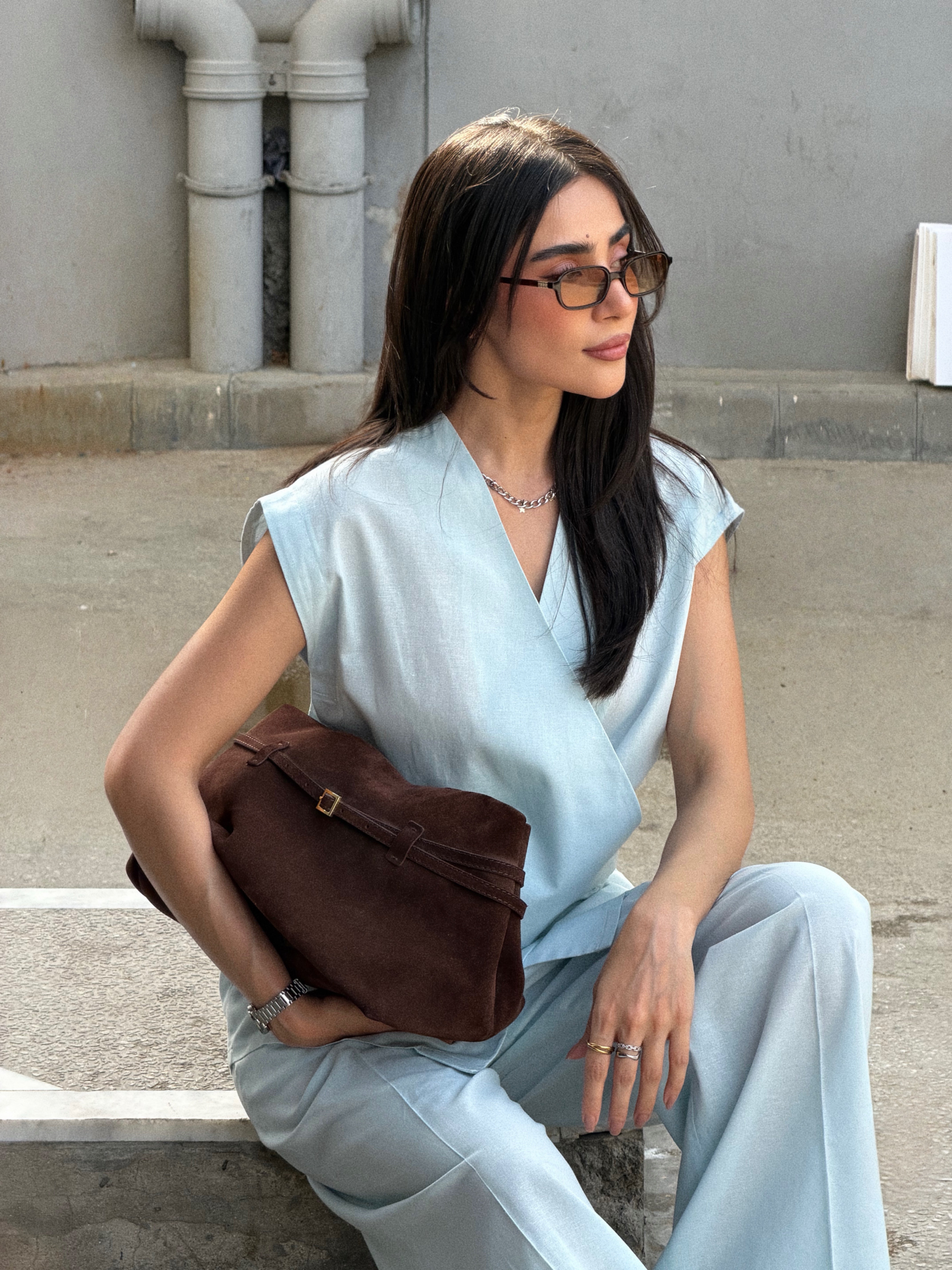 Ice Blue Linen Vest Set