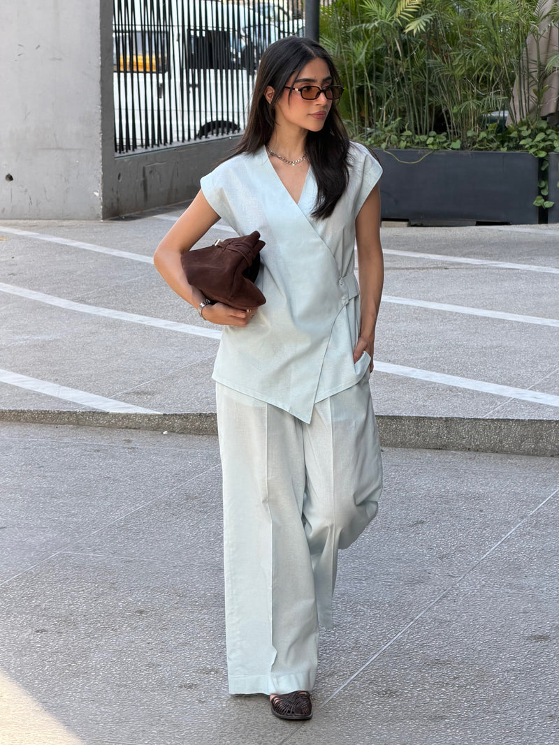 Ice Blue Linen Vest Set
