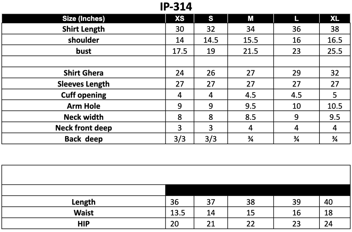 Size Chart (inches)