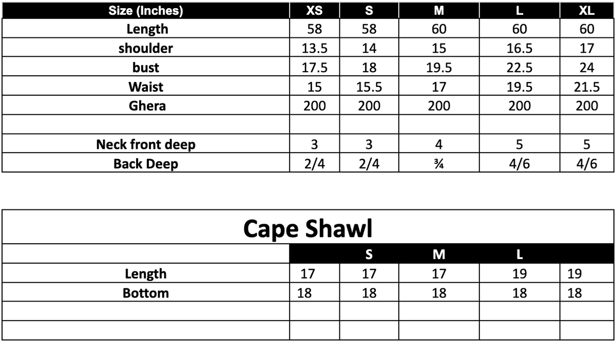 Size Chart (inches)