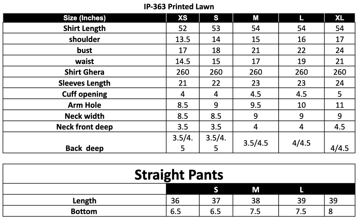 Size Chart (inches)