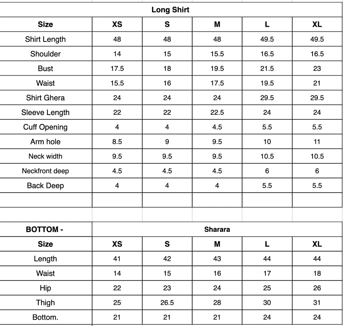Size Chart (inches)