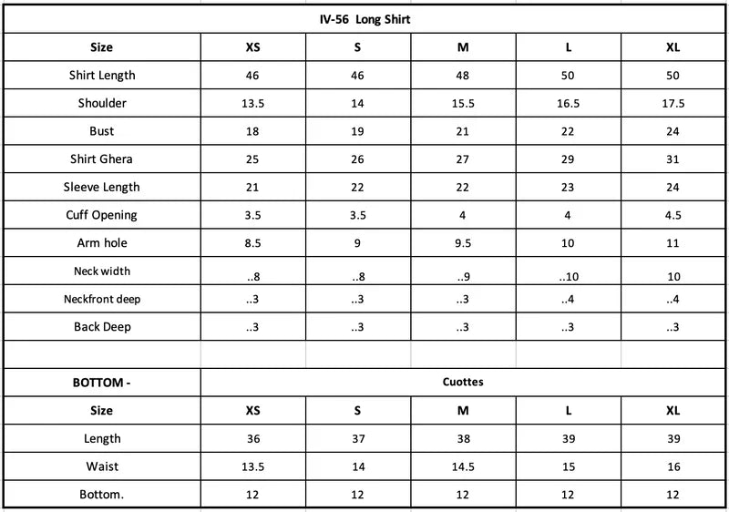 Size Chart (inches)