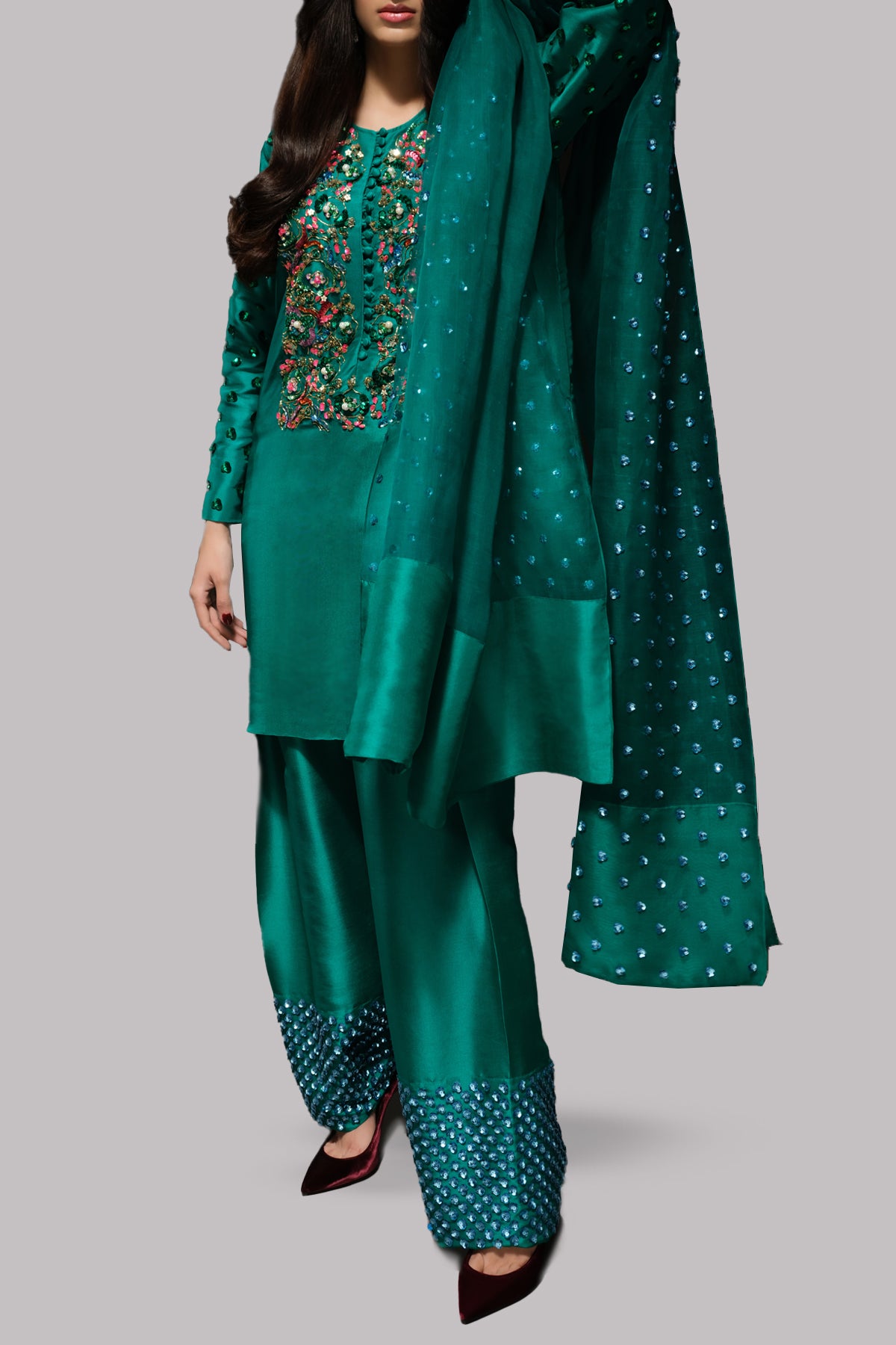 Cadmium Green Embellished Raw Silk Set