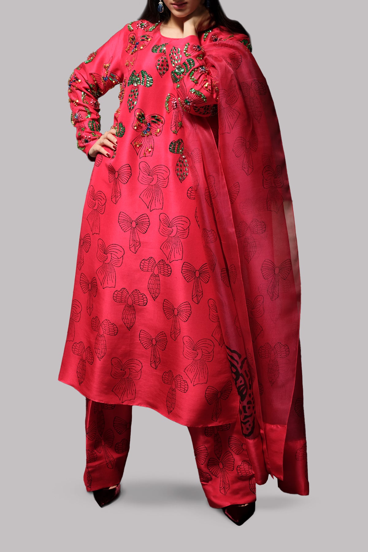 Tango Red Block Printed and Embellished Raw Silk Set