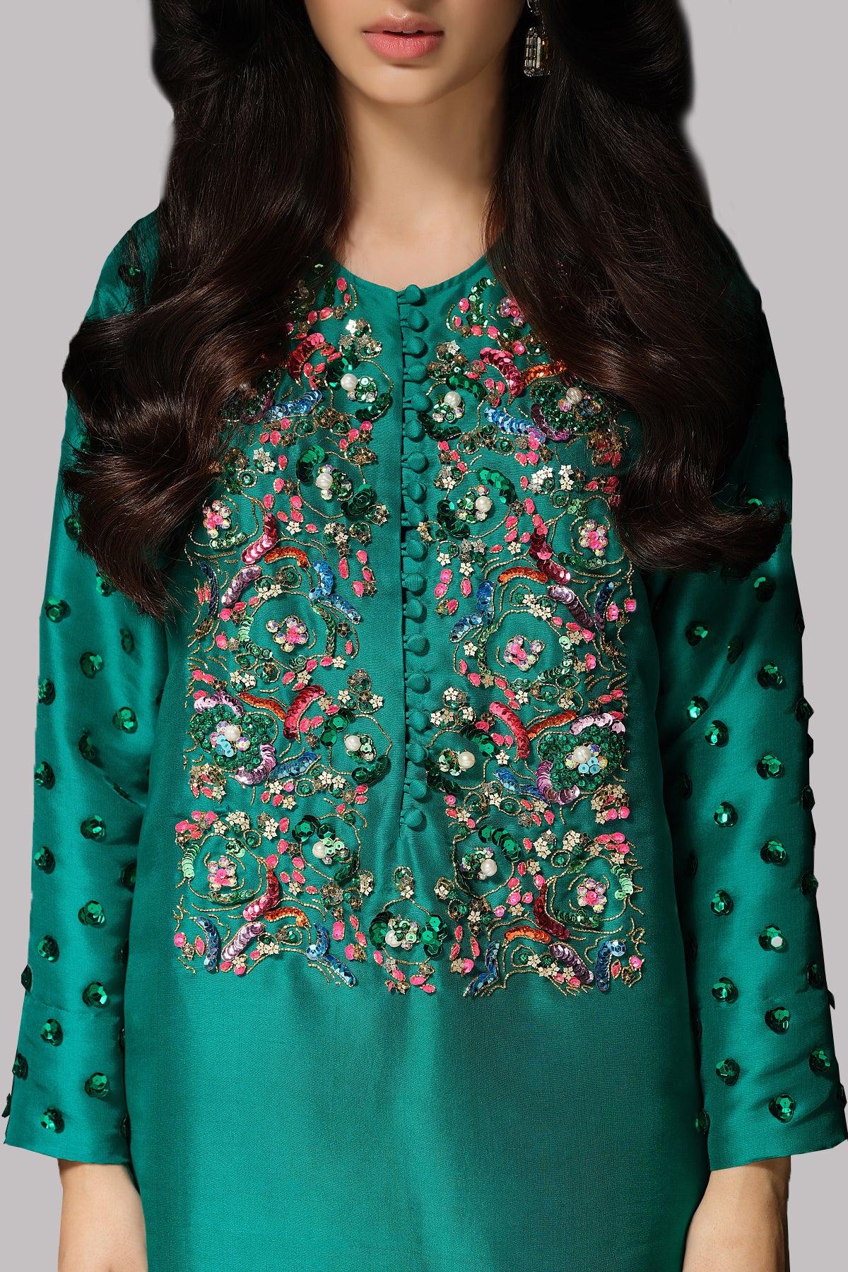 Cadmium Green Embellished Raw Silk Set