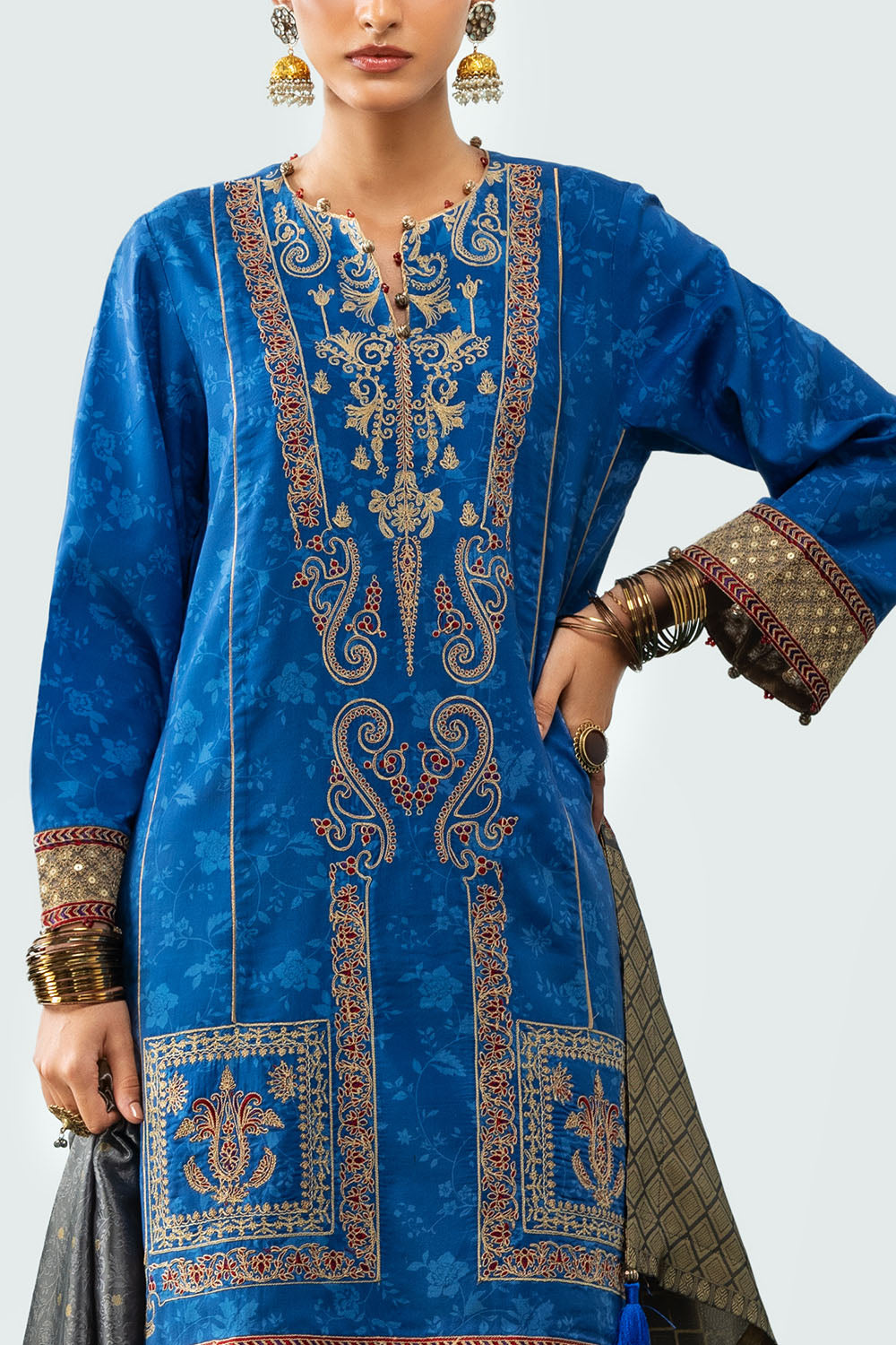 3 Piece Embroidered Linen Suit With Jacquard Dupatta