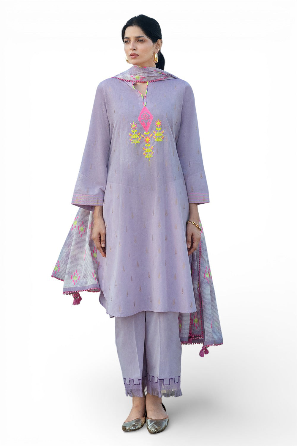 3 Piece Embroidered Yarn Dyed Jacquard Suit with Lacquer Printed Jacquard Dupatta