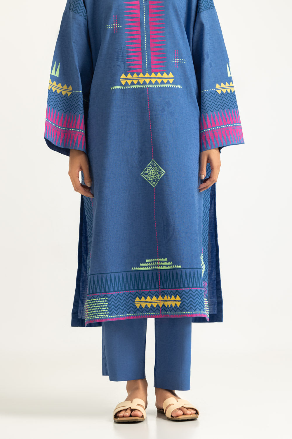 Jacquard Block Printed Shirt And Dyed Trouser