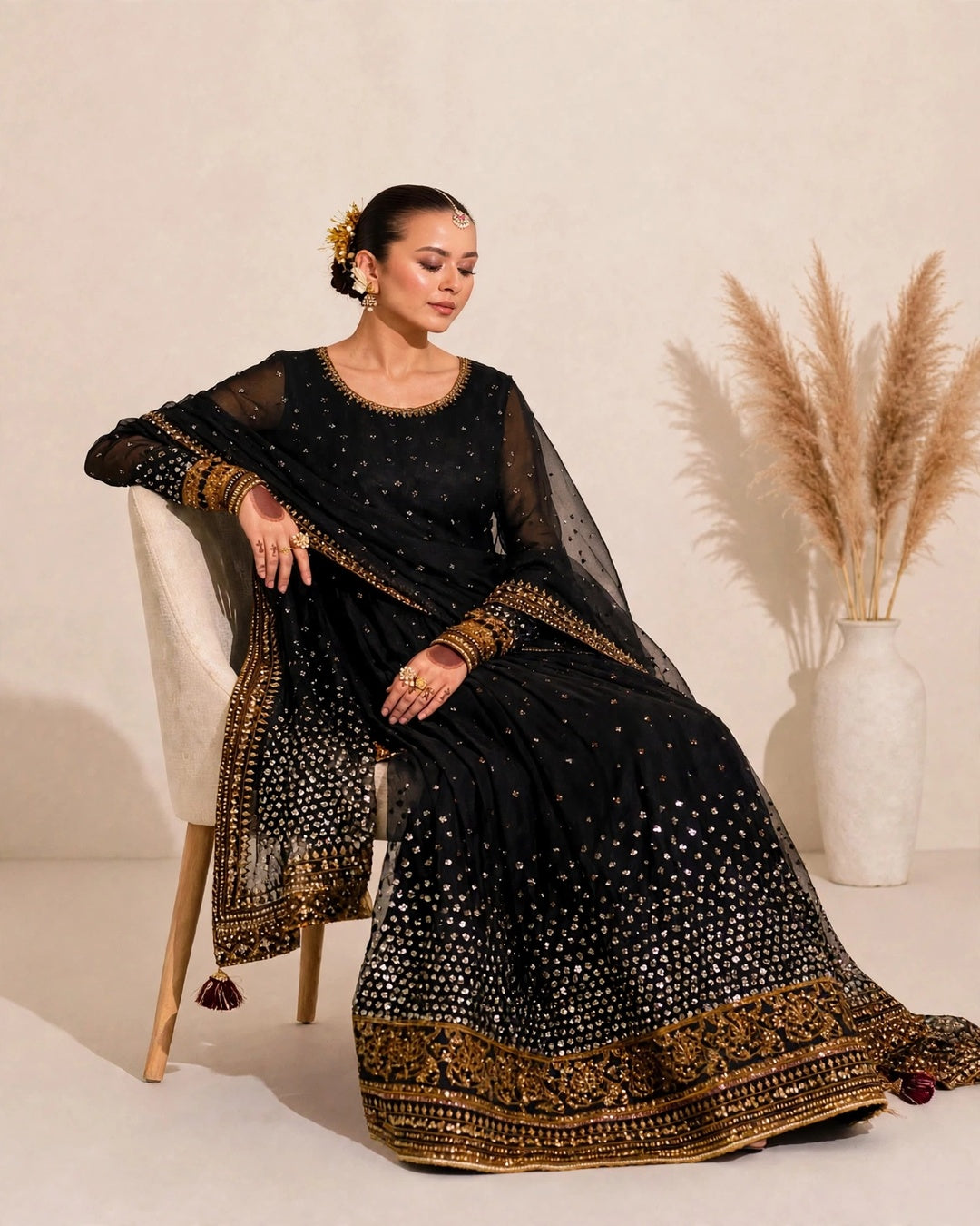 Jahan Ara Black Kalidar Suit | Chiffon Bamber Silk 3 Piece
