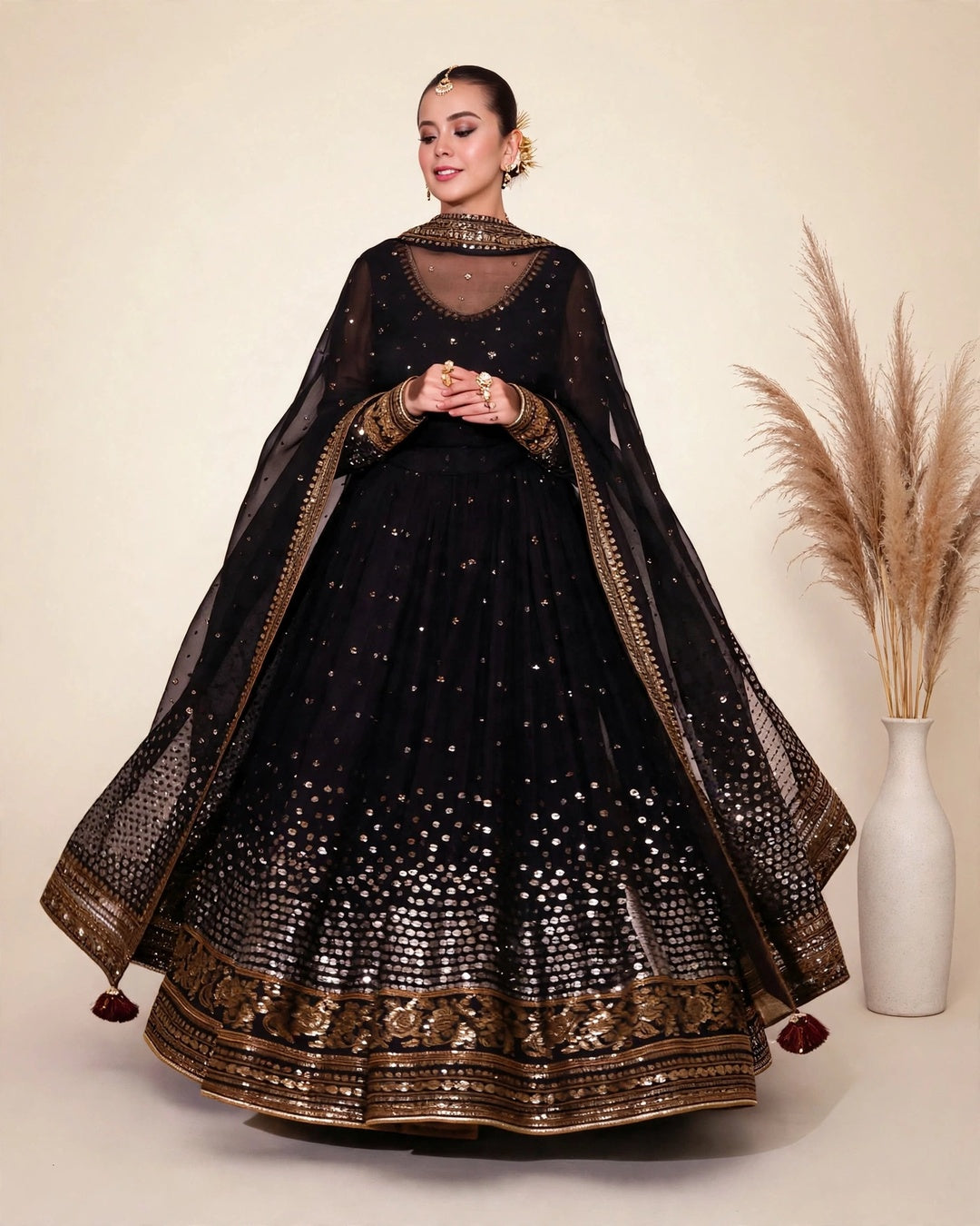 Jahan Ara Black Kalidar Suit | Chiffon Bamber Silk 3 Piece